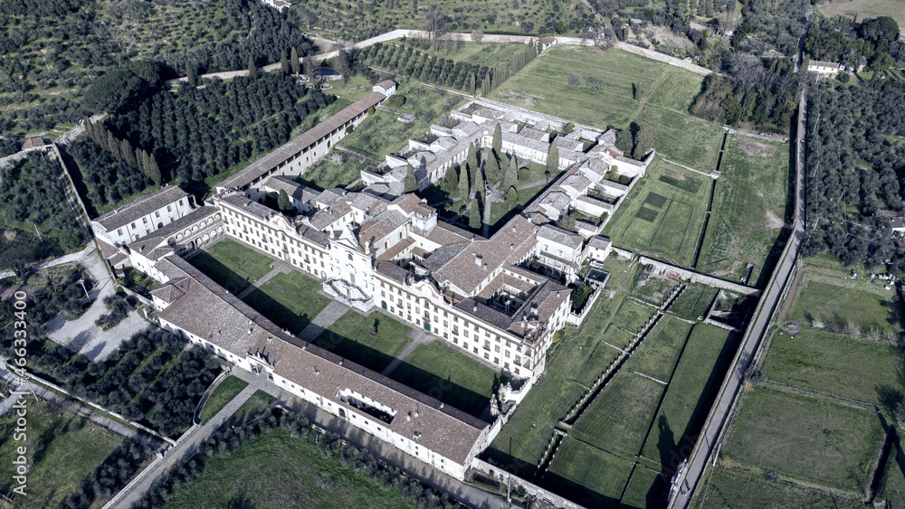 Aerial view of Certosa di Claci, Pisa, Tuscany.