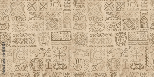 Ethnic handmade ornament, Folk Vintage Symbols. Grunge Seamless Pattern for your design