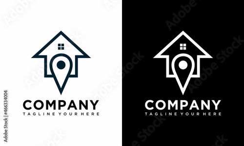 Home location logo with line art design. pin, map, location, home, house, icon, building Premium Vector on a black and white background.