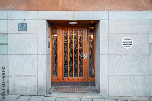 Street in Stockholm city  historic wooden door