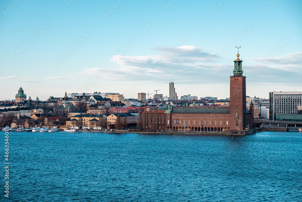 Scenic panorama of the Old Town of Stockholm architecture pier. Gamla Stan