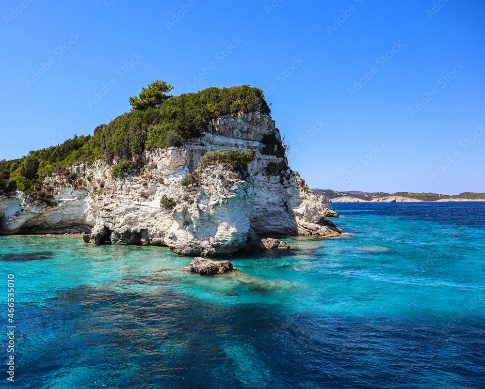 Beautiful Rock in Ionian Sea at Antipaxos Island. Turquoise Water in Greece. Summer View of Corfu Landscape.
