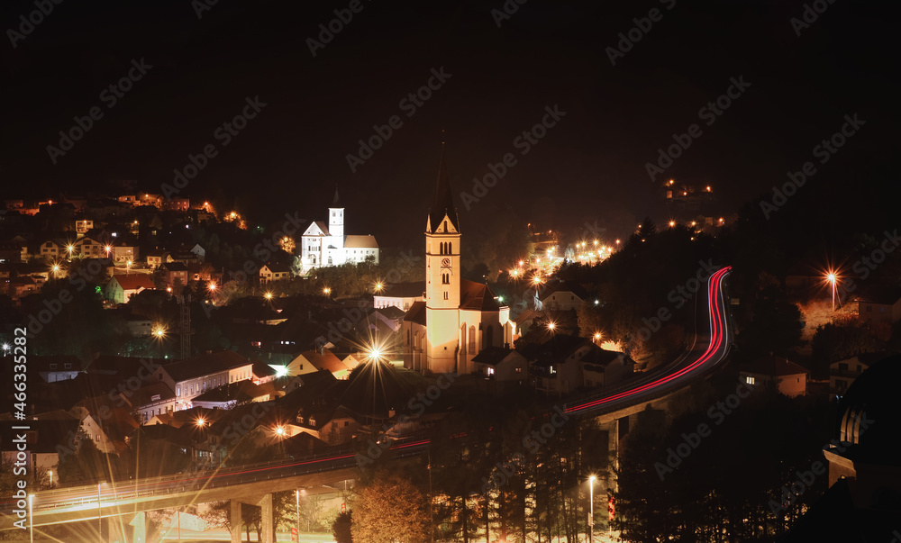 Obraz premium Night scenery of church St. Nikola in Krapina city, Croatia, county hrvatsko zagorje 
