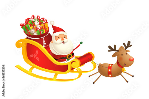 Cute and happy Santa sleigh with Reindeer - vector illustration isolated