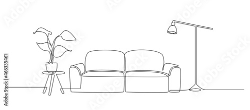 Continuous one line drawing of sofa and lamp and table with plant. Living room interior in loft apartment. Modern furniture in simple Linear style. Doodle vector illustration