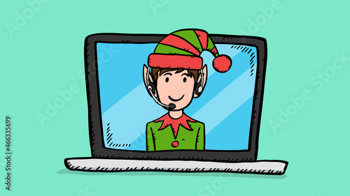Hand draw vector doodle of Elf customer service support on laptop screen. Colorful illustration in sketch style.