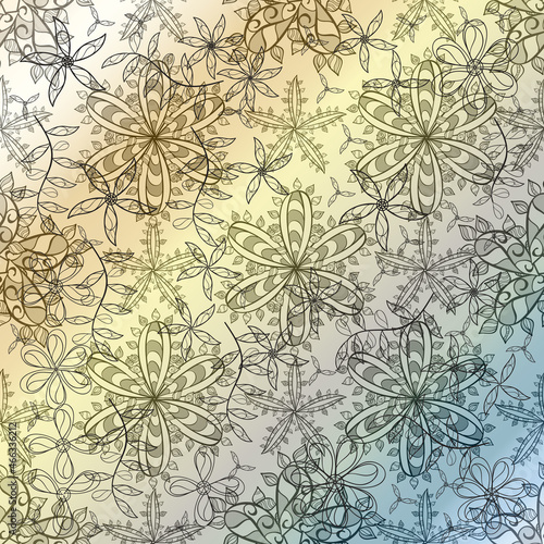 pattern with interesting doodles on colorfil background. Raster illustration.