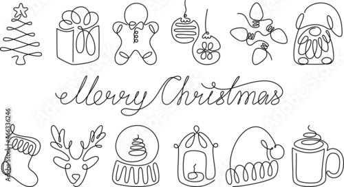 Continuous one line art holidays elements set. Linear style and hand-drawn logo. Merry Christmas and Happy New Year concept.
