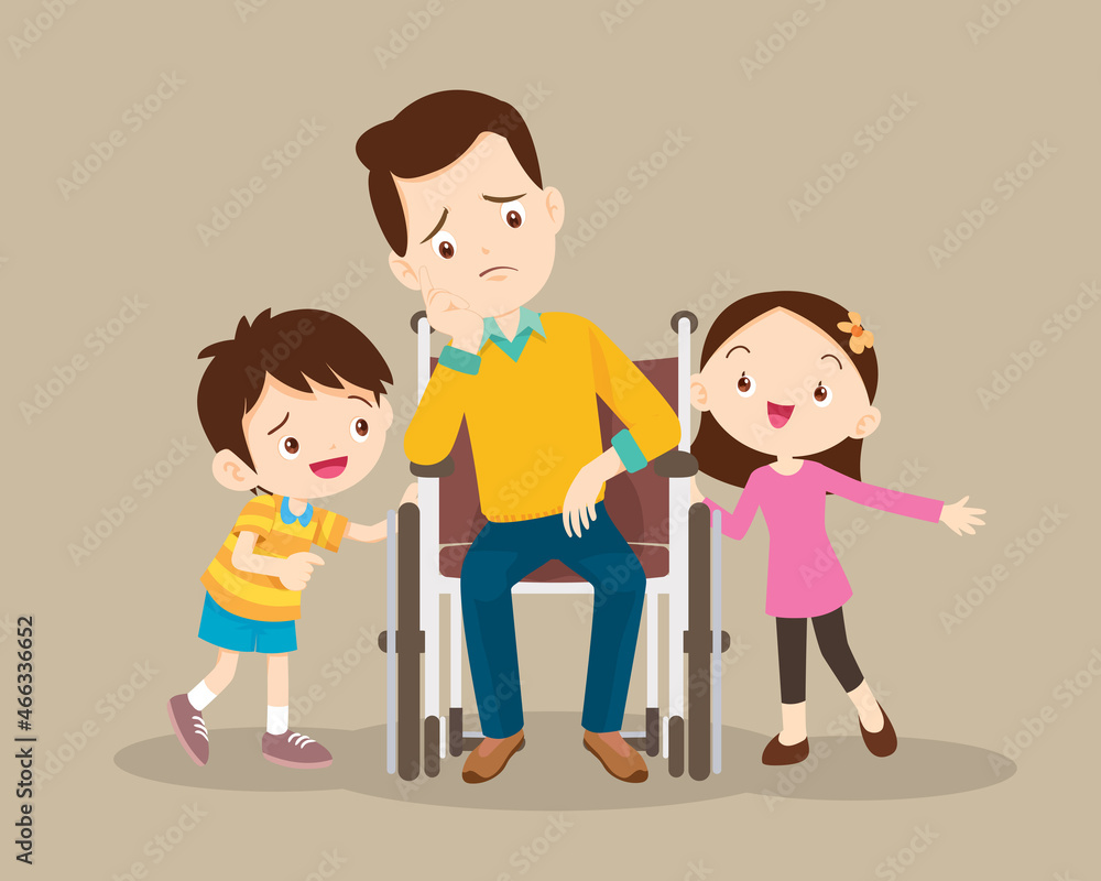 child consoling father sitting on wheelchair child consoling father sitting on wheelchair