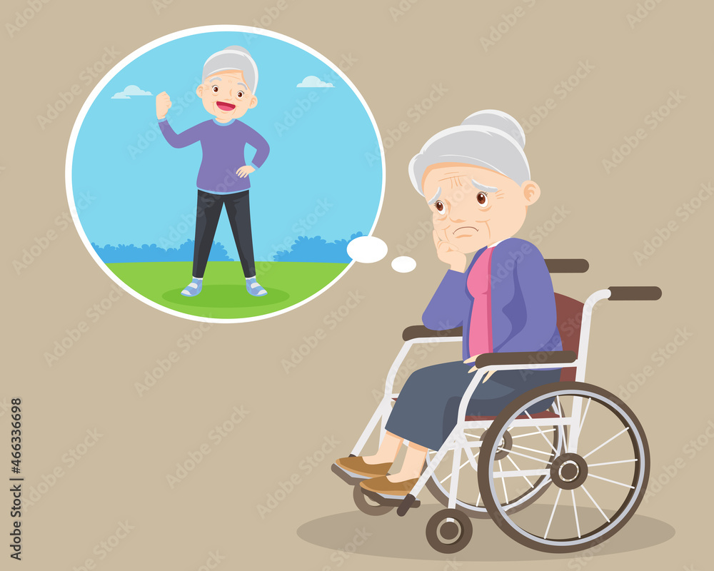 elderly in wheelchair thinking to good healthy