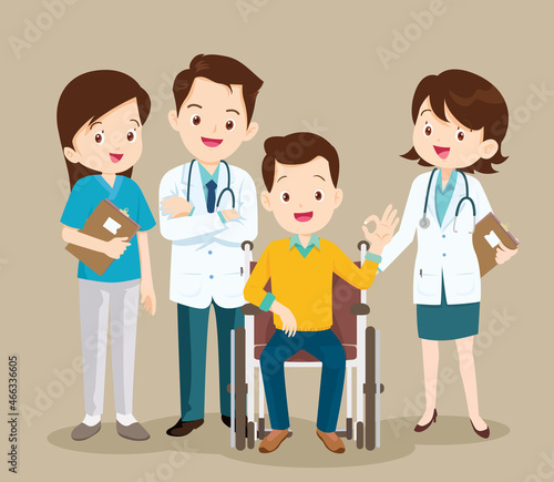 team doctors and male patient in wheelchair