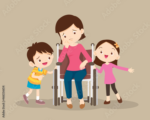 child consoling woman sitting on wheelchair