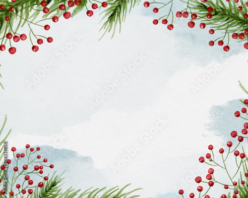 Merry Christmas greatig card watercolour with Green pine twigs and red berries. Vector illustration of Nature design greeting card template with copy space for Winter holidays. Xmas day, New year sale