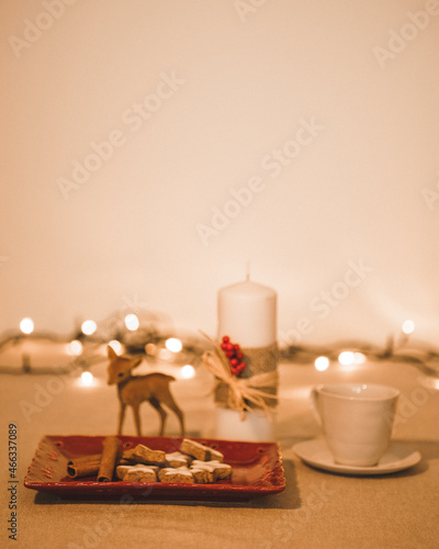 Canvas Print Christmas cookies for Sasnta Claus with candle and coffee