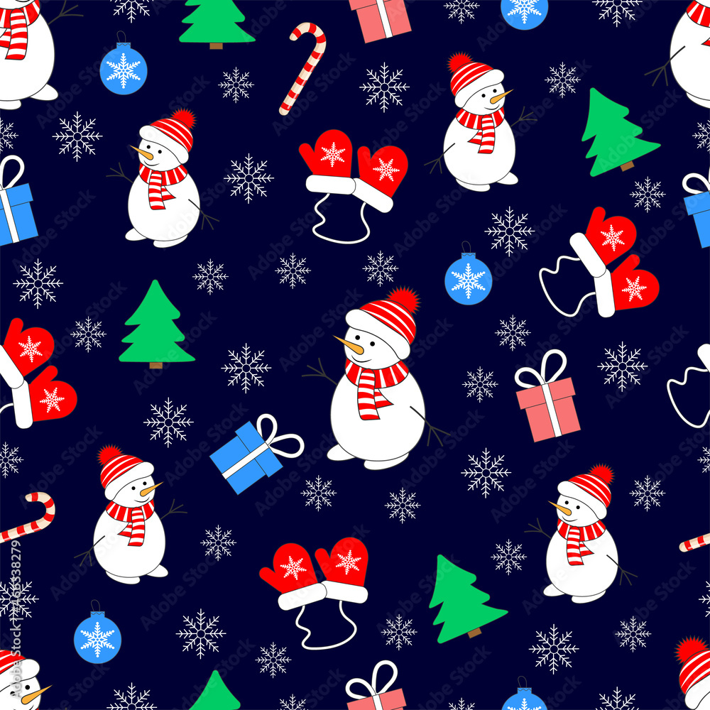 Seamless vector pattern with snowman, Christmas tree and gifts. Tileable blur cartoon christmas background