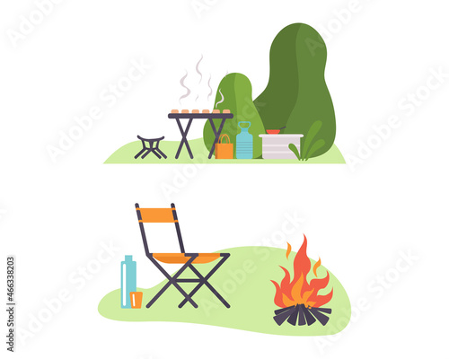 Outdoor Picnic and Camping with Campfire and Chair Vector Set