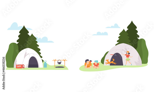 Man and Woman Lying on Green Lawn Near Tent Enjoying Outdoor Camping Activity Vector Set