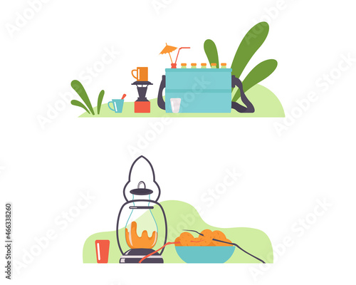 Outdoor Picnic and Camping with Lantern, Cocktail in Refrigerator Box and Cup Vector Set
