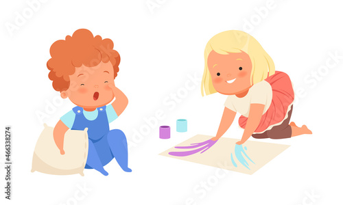 Baby Boy with Pillow Yawning and Girl with Paints Drawing on Sheet of Paper Vector Set