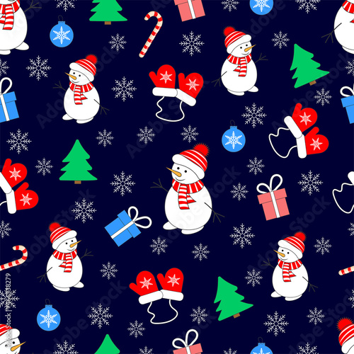 Obraz na płótnie Seamless vector pattern with snowman, Christmas tree and gifts. Tileable blur cartoon christmas background w salonie
