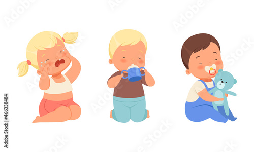 Baby Boy Drinking Milk from Bottle and Girl Crying Vector Set