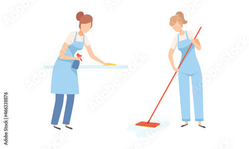 Young Woman Professional Cleaner in Blue Overall and Apron Wiping Shelf and Mopping Floor Vector Set