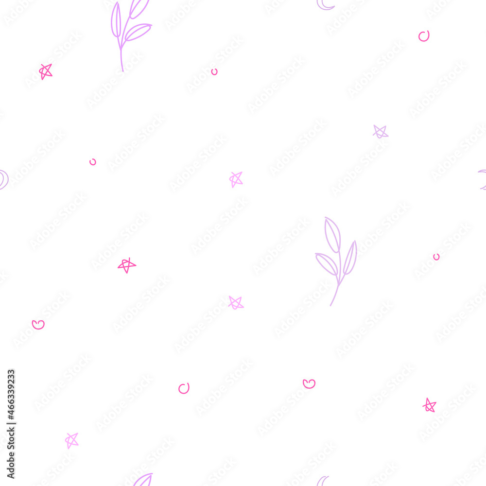 Seamless delicate and simple pattern in doodle style. Small stars and bubbles on a white background. Vector illustration for printing on fabric, silk.