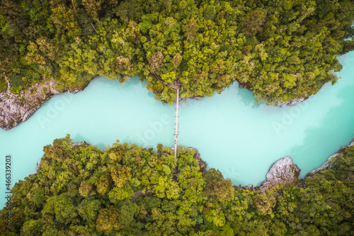 blue river seen from the drone in New Zeland