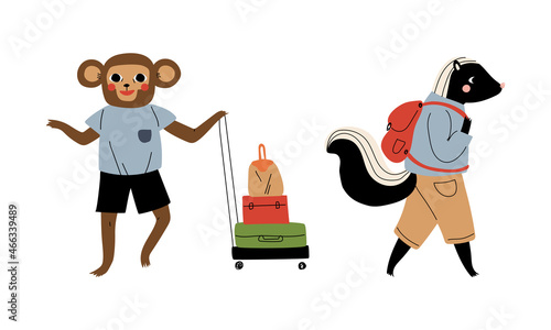 Animal Tourist or Traveler with Luggage or Baggage Having Trip on Vacation Vector Set