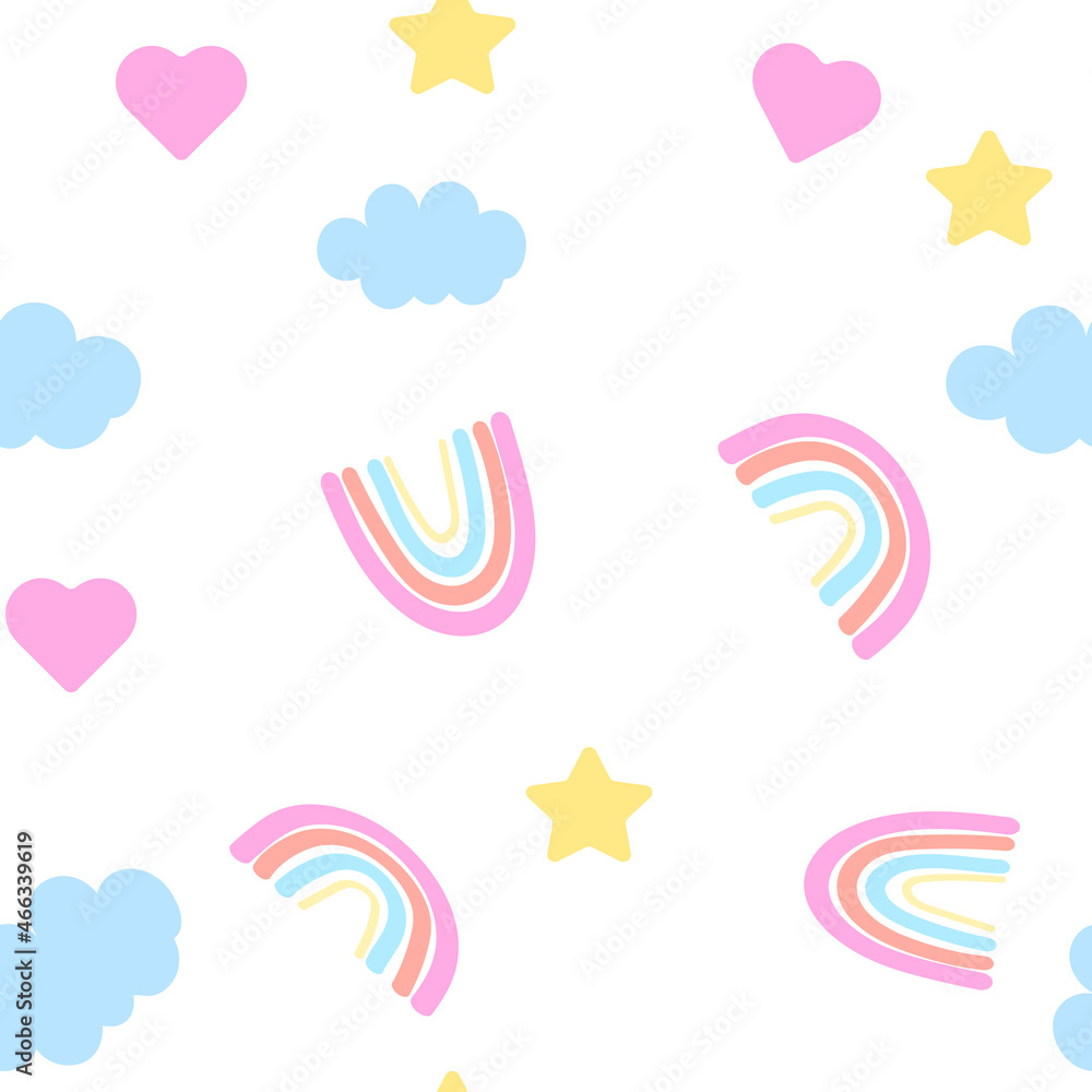 seamless pattern of childish drawing of rainbow, clouds of stars and hearts on a white background. seamless sky texture in pastel colors for kids