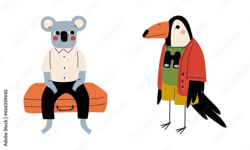 Koala and Toucan Animal Tourist or Traveler with Luggage and Binocular Having Trip on Vacation Vector Set Koala and Toucan Animal Tourist or Traveler with Luggage and Binocular Having Trip on Vacation Vector Set