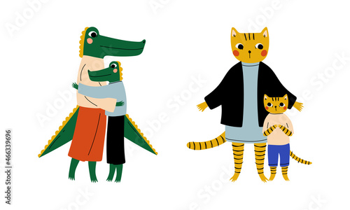 Animal Parent Humanized Character Standing with Their Kid Vector Set