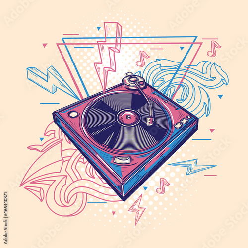 Colorful drawn musical turntable graffiti