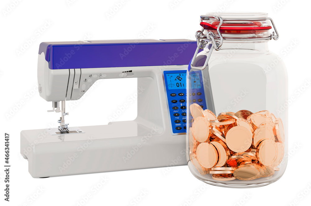 Sewing machine with glass jar full of golden coins, 3D rendering