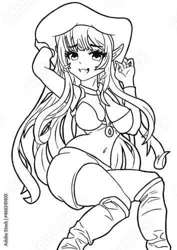 Sexy manga anime girl with big breasts witch in a hat with a naked belly, in high boots the picture is made with lines