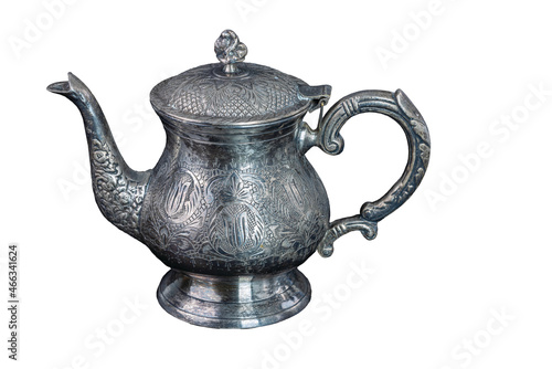 Close up view of vintage silverware teapot isolated on white background. Sweden.