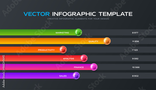 Colorful infographic presentation with 6 points. Horizontal bars chart design template. Statistics graphic visualization.