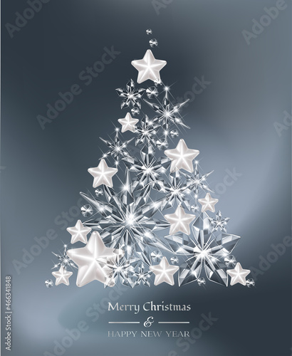 Christmas background with Christmas Tree made of glass transparent balls and snowflakes. New Year concept
