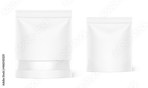 Pouch bags with transparent window mockups on white background. Vector illustration. Front view. Can be use for template your design, presentation, promo, ad. EPS10.	