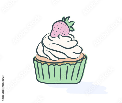 Vector illustration. Colored cupcake with strawberries. Cute drawing in delicate colors for the menu  sweet snack. Dark contours.