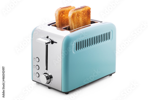 Modern blue toaster with toasted bread for breakfast inside, isolated on white with clipping path.
