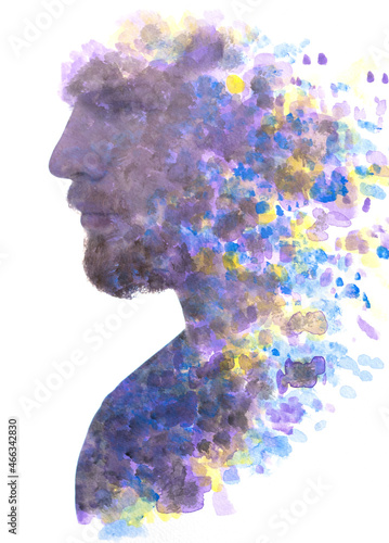 A profile portrait of a man combined with an abstract watercolor painting in a paintography technique.
