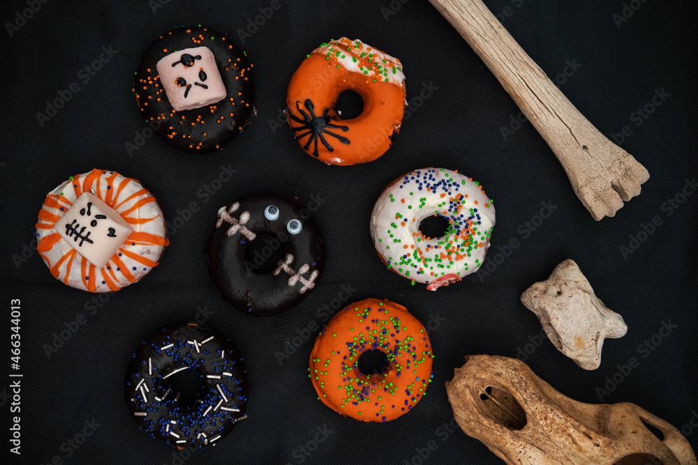 Halloween food theme on a dark wooden background