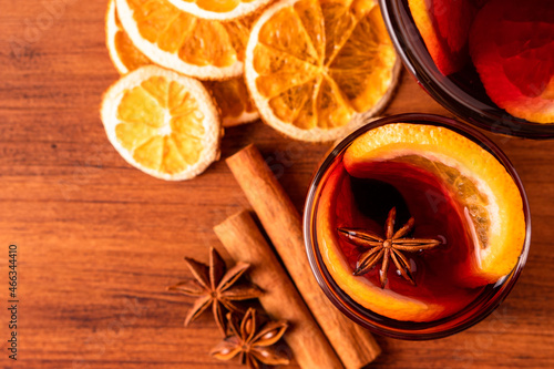 German tradition winter Christmas market new year holidays festival drink tea Gluhwein Mulled sweet hot warm red Wine with spices citrus aromatic cinnamon star anise