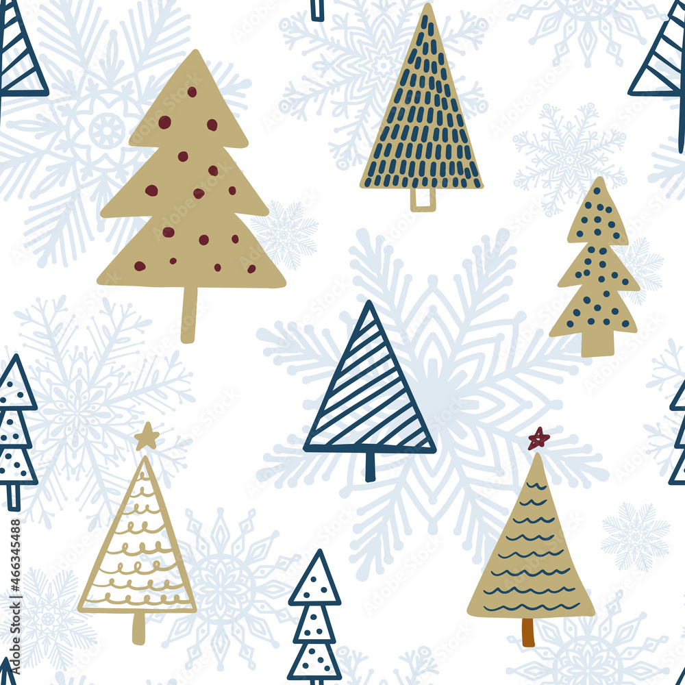 Cute winter season holiday childish seamless pattern with Scandinavian minimalist hand drawn Christmas tree doodle and snowflakes on backdrop. Beautiful New Year children sweet background design Cute winter season holiday childish seamless pattern with Scandinavian minimalist hand drawn Christmas tree doodle and snowflakes on backdrop. Beautiful New Year children sweet background design