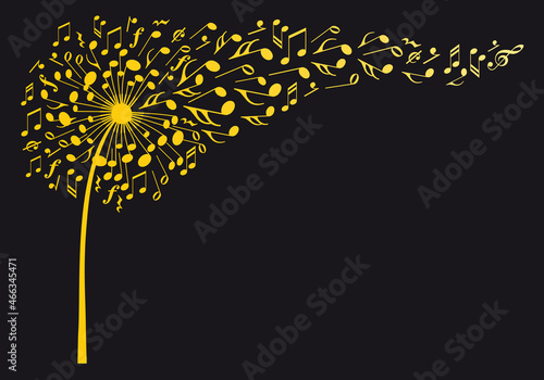 Gold dandelion with flying music notes, vector photo