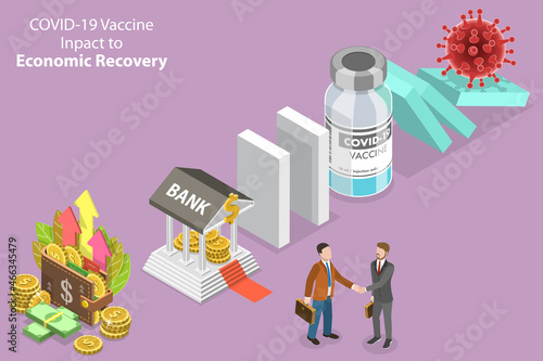 3D Isometric Flat Vector Conceptual Illustration of Covid-19 Vaccine Impact To Economic Recovery, Positive Business Growing