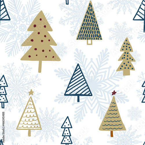 Cute winter season holiday childish seamless pattern with Scandinavian minimalist hand drawn Christmas tree doodle and snowflakes on backdrop. Beautiful New Year children sweet background design