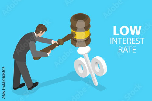 3D Isometric Flat Vector Conceptual Illustration of Low Interest Rate, Impact to Financial System