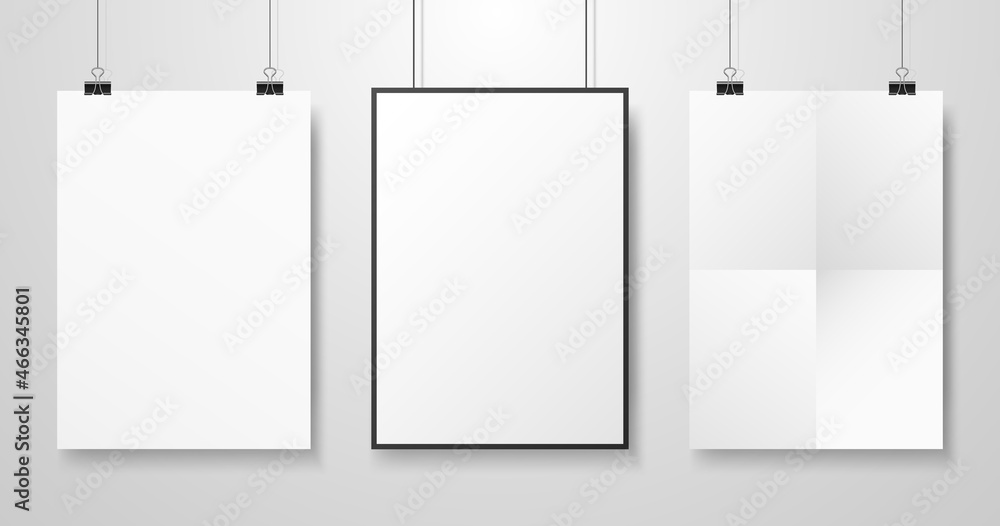 White posters mockup. Three different paper sheets with shadow. Photo blanks collection hanging on wall. A4 realistic templates. Vector illustration White posters mockup. Three different paper sheets with shadow. Photo blanks collection hanging on wall. A4 realistic templates. Vector illustration